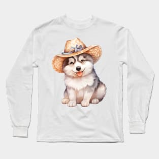 Watercolor Siberian Husky Dog in Straw Hat Long Sleeve T-Shirt